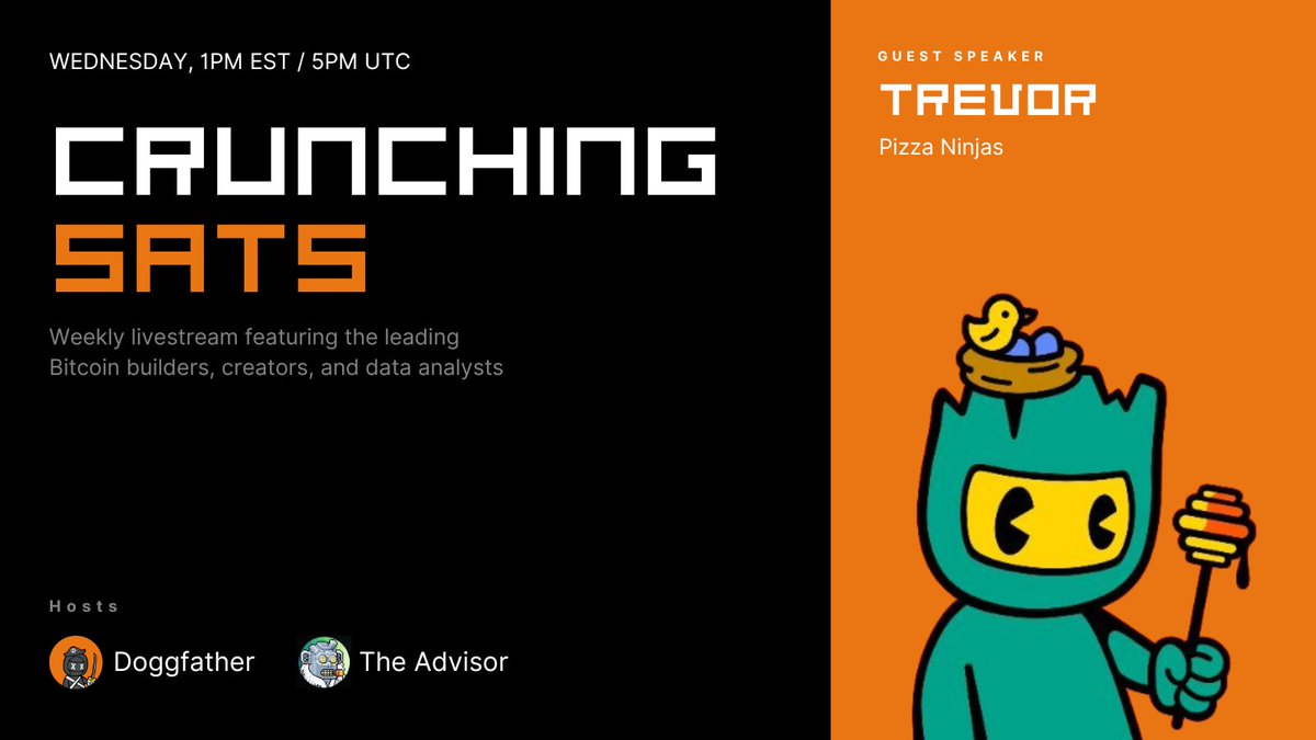 Doggfather (@doggfathercrew) on Twitter photo Tuning into
Crunchings Sats with Trevor from Pizza Ninjas
Today at 1PM EST / 5PM UTC Tuning into
Crunchings Sats with Trevor from Pizza Ninjas
Today at 1PM EST / 5PM UTC
