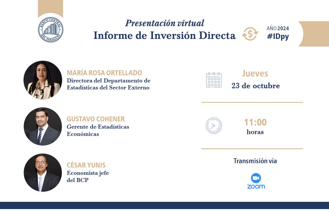 BCP_PY's tweet photo. EN VIVO | Presentación del Informe de Inversión Directa, correspondiente al año 2024.
#IDpy
Jueves | 23 | octubre
11.00 horas
Transmisión vía Zoom: https://t.co/w71FaaUkP5 https://t.co/n2lFk5Ba27