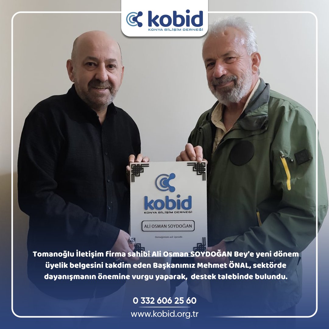 Tomanoğlu İletişim firma sahibi Ali Osman SOYDOĞAN Bey’e yeni dönem üyelik belgesini takdim eden Başkanımız Mehmet ÖNAL, sektörde dayanışmanın önemine vurgu yaparak, destek talebinde bulundu.