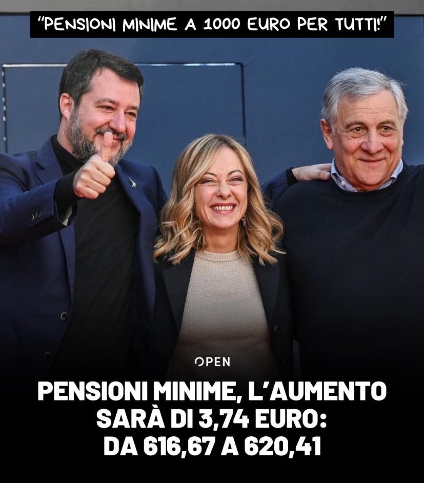 BimbePeppe's tweet photo. Sapete perché Giorgia Meloni sta facendo la vittima più del solito in questo periodo?

Perché avevano promesso di portare le pensioni minime a 1000 €, invece con la prossima finanziaria aumenteranno solo di 3,74 € al mese.

3,74 € al mese.

3,74 € al mese.

Così è se vi pare. https://t.co/IyrNDfU1jM