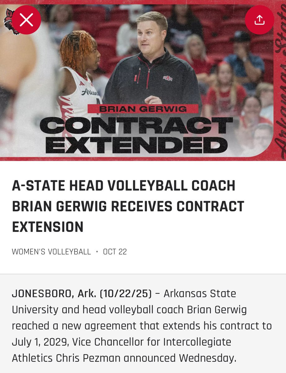 Kara_Richey's tweet image. It’s not very often that you see news that an entire fan base will agree is positive, but I think this qualifies:
@AStateVB coach Brian Gerwig has received a contract extension to July 1, 2029.