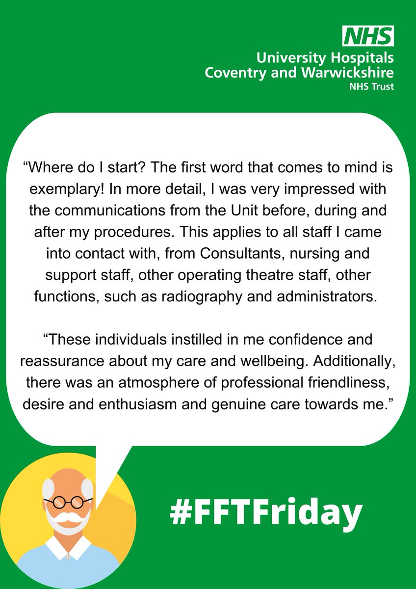 Next on this #FFTFriday journey, we head over to the Coronary Care Unit <a href="/nhsuhcw/">UHCW NHS Trust</a>.

This patient felt that they received an exemplary service from start to finish. 

#WhatMattersToYouMattersToUs #FFTFriday