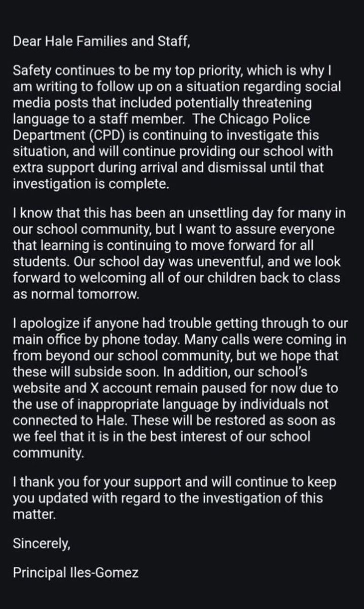 ThePatriotOasis's tweet photo. 🚨BREAKING: Principal of Nathan Hale Elementary in Chicago, where Lucy Martinez is STILL employed, sent an email to parents making Martinez out to be the VICTIM without acknowledging her VILE behavior mocking Charlie Kirk's assassination.

Their phone number is (773) 535-2265... https://t.co/sipLyslDKd
