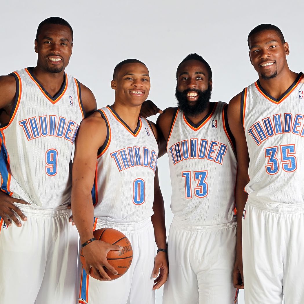 LegionHoops's tweet photo. Reggie Miller says OKC’s original BIG4 should all have their jerseys retired:

“Russell Westbrook should be retired here. Kevin Durant, I know it’s very unpopular, should be retired here. I think Serge Ibaka should be retired here. James Harden, I think should be retired here.”

(via @NBAonNBC, h/t @theScore)
