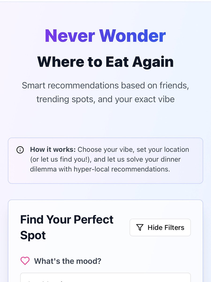 nipsflips's tweet image. I built an app to solve “where we should eat?” It uses AI + your actual friends’ recommendations + real time data to give you THE answer in 30 seconds. Private Beta: 150 spots only . DM me “Beta” for a code before they’re gone . This is personal , #DinnerSolved #BetaLaunch