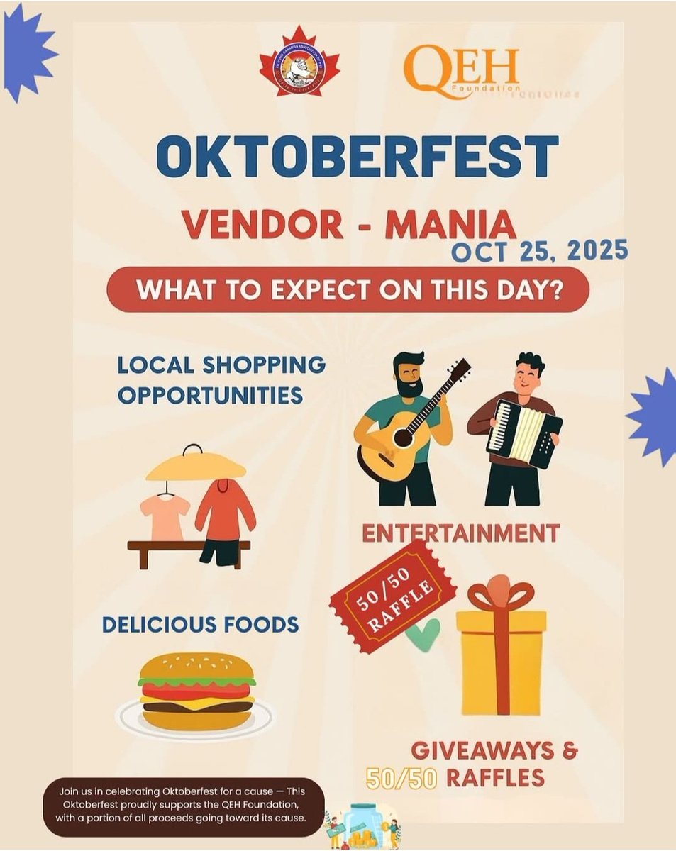 🎉 Get ready for OKTOBERFEST: Vendor Mania! 🍂
🗓 October 25, 2025 | Eastlink Centre, Charlottetown / 9am to 3pm
Shop local 🛍️, enjoy delicious food 🍔, and groove to live entertainment 🎶 — plus awesome giveaways &amp; 50/50 raffles! 🎟️
All for a great cause supporting the QEH.
