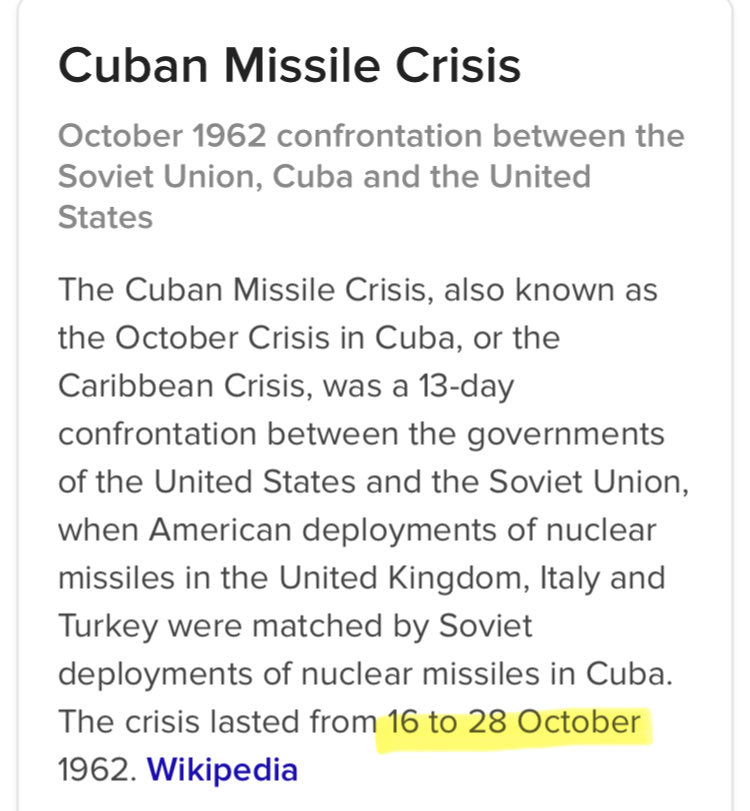 HAPPY CUBAN MISSILE CRISIS DAY, ANONS
10/16–10/28? 
Things are lining up 

IS THERE A DELTA FOR THAT?  —YEP
#4903

IT IS ALSO DAY 22 OF THE “GOVERNMENT SHUTDOWN”
——————————-

GOVERNMENT SHUTDOWN DAY 22 = 452

THE TRUTH IS GEMATRIA BECAUSE I PUT IT THERE 452
GEMATRIA EFFECTS THE