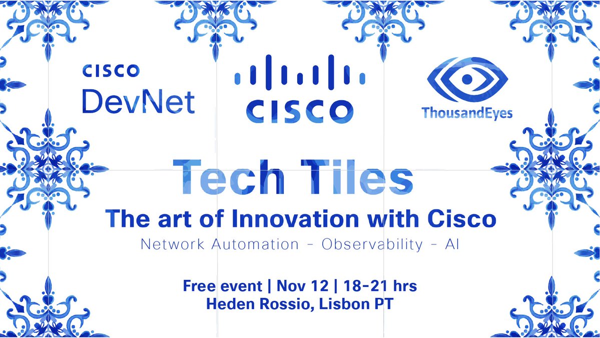 CiscoDevNet's tweet image. 🚀 In Lisbon 🇵🇹 for #WebSummit? Don’t miss Tech Tiles: The Art of Innovation with Cisco! 🟦
📅 Wed, Nov 12 | 18–21 hrs
📍 Heden Rossio
🎟️ Free
Networks Automation, Observability & AI
Flash talks, demos, Q&A and more!
RSVP now!
🔗 cs.co/tech-tiles
#Cisco #DevNet