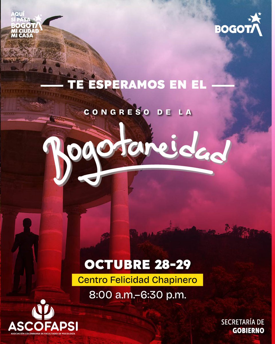 ASCOFAPSI participa en el Congreso de la Bogotaneidad.
Bogotá se transforma cuando participamos en la construcción de una ciudad más humana. 💬
📍 Centro Felicidad Chapinero
🗓️ 28 y 29 de octubre | 8:00 a.m.–6:30 p.m.
#Bogotaneidad #ASCOFAPSI #Bogotá #Psicología #Ciudadanía