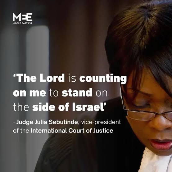 The biased ICJ Judge Julia Sebutinde is the only person the voted NO on this ruling. Everyone else voted YES

She is the Judge that said, “The Lord is counting on me to stand on the side of Israel”