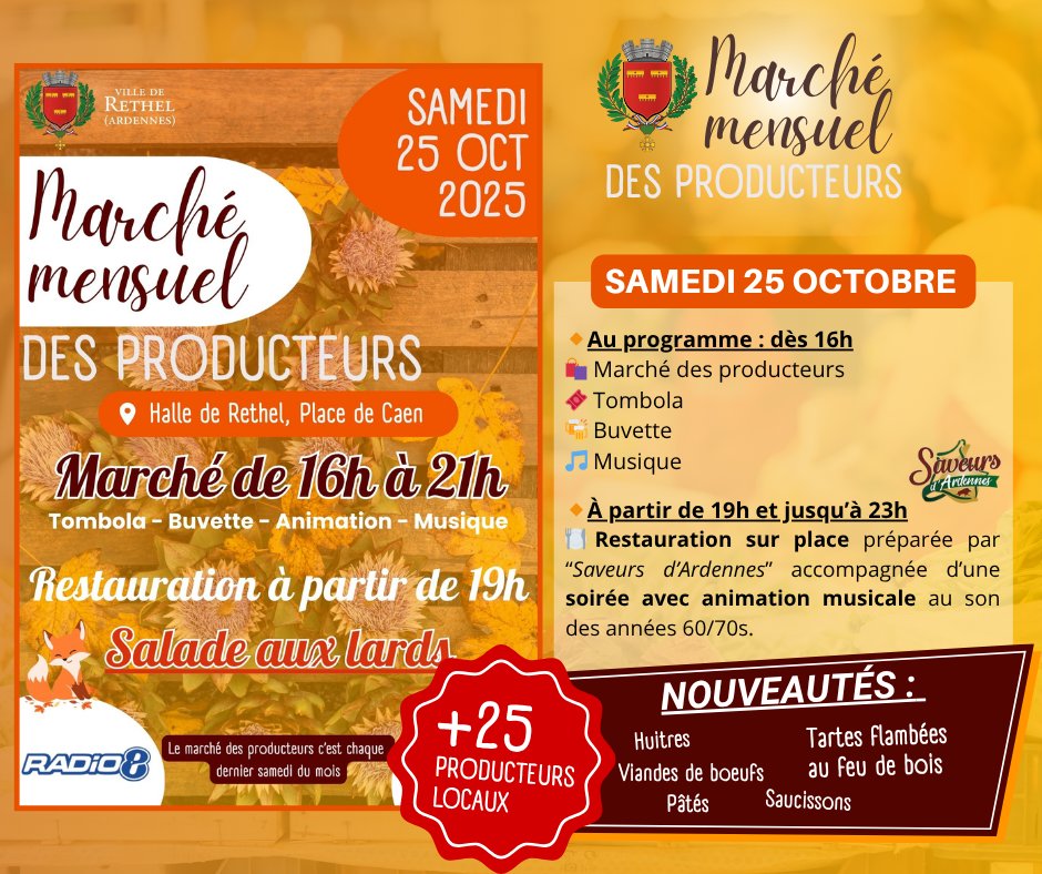 VILLEdeRETHEL's tweet image. 🍂 Le Marché Mensuel des Producteurs revient pour sa 4ème édition ! 🍂

📅Samedi 25 octobre 2025 – de 16h à 21h
📍Halle de Rethel – Place de Caen
.
.
[#RETHEL][#VILLEDERETHEL][#MarchéLocal][#ProducteursLocaux [#SortirÀRethel]