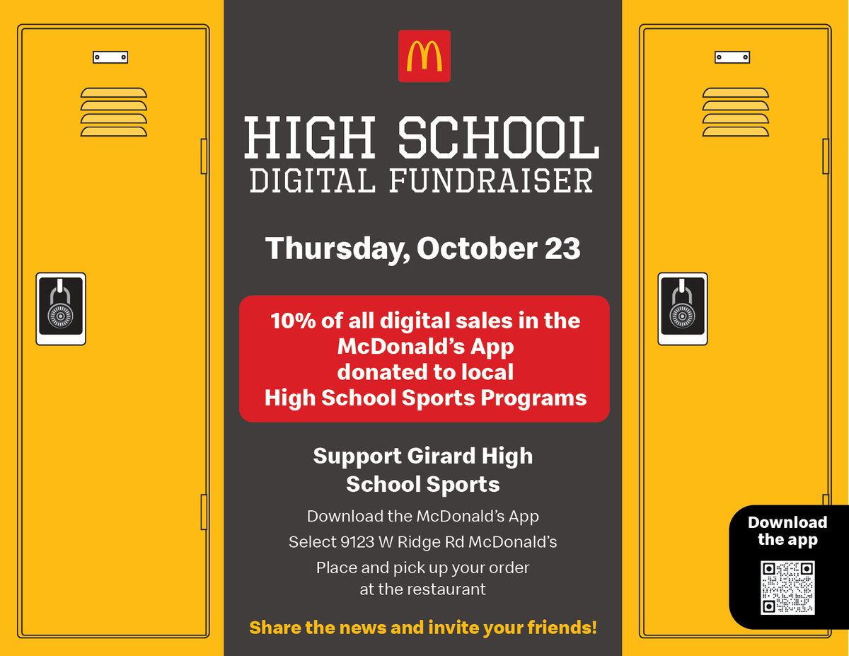 Today is the day - use your McDonald's App to help support the GHS Sports programs!  🍔🍟  #GirardBuzz
