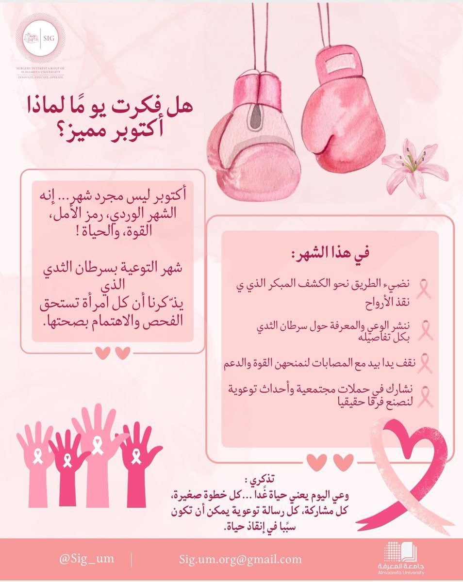 لنكتشف سوياً الأسباب التي تجعل شهر (أكتوبر 🎀) من أهم الأشهر التوعوية خلال
السنة!

#SIGXbreastcancerawareness