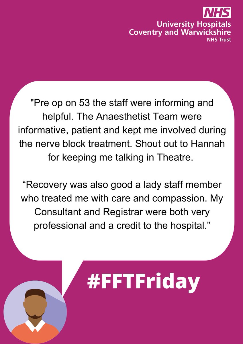 Our next #FFTFriday sees us head over to Ward 53 <a href="/nhsuhcw/">UHCW NHS Trust</a>.

This patient couldn't fault the service that was provided to them and felt that the Team are a credit to the Hospital.

#WhatMattersToYouMattersToUs #FFTFriday