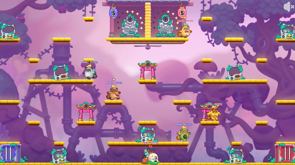 What is Moki Mayhem?

Moki Mayhem is the first game inside Grand Arena, where 2 teams of 3 Moki AI athletes automatically battle it out, and you get to watch.

There are three simultaneous win conditions:

Economic: Mokis collect and return Gacha Balls back to their base to score