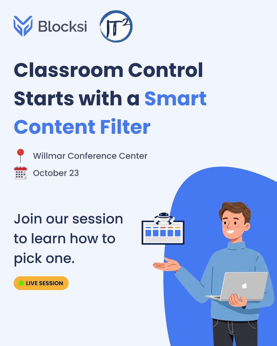 Did you know that Blocksi offers hyper-scalable, AI adaptive filtering?
 Join us at the <a href="/IT2Conf/">IT² Educational Technology Conference</a> conference and learn all about it by attending our session! 🙌

Our Blocksi representative Paul Schiltgen will be sharing insights on how districts can make smarter choices when it