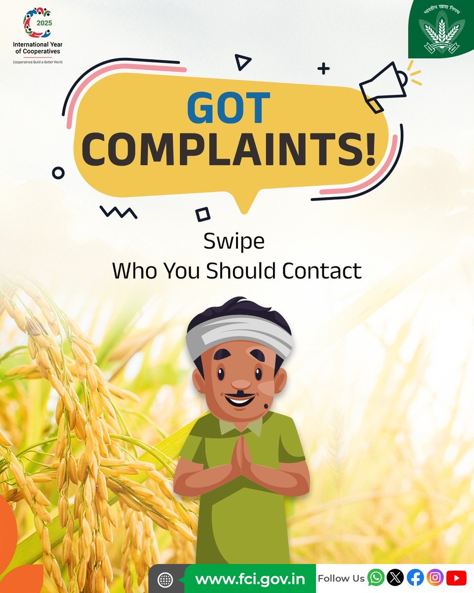 FCI_India's tweet photo. Not sure where to report issues with ration shops, ration cards, or procurement? 

𝐒𝐰𝐢𝐩𝐞 𝐭𝐨 𝐤𝐧𝐨𝐰 𝐰𝐡𝐨 𝐭𝐨 𝐜𝐨𝐧𝐭𝐚𝐜𝐭!

#Complaint #India https://t.co/QJcZsJZVta