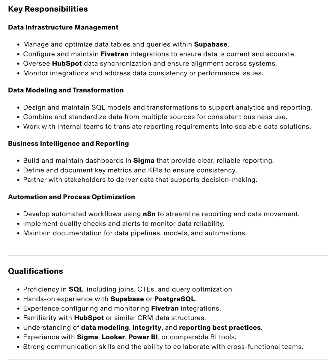 RyanClogg's tweet image. 🚨 Hiring Analytics Engineer 🚨

App link in thread.

Looking for a skilled Analytics Engineer to support the management and optimization of our data infrastructure. This position focuses on maintaining data pipelines across Supabase, Fivetran, and HubSpot, building reliable data…