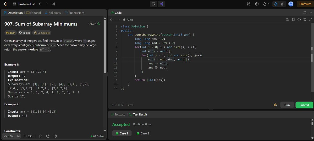 AshishAsmit's tweet image. Day 30/100
Finished my internship work today. 
Was able to solve 1 DSA hard question (optimal solution), and 1 medium question (brute force only). 
1️⃣ Trapping Rainwater 🔴
2️⃣ Sum of subarray minimum🟡

#ProblemSolving #DSA #Coding #LeetCode