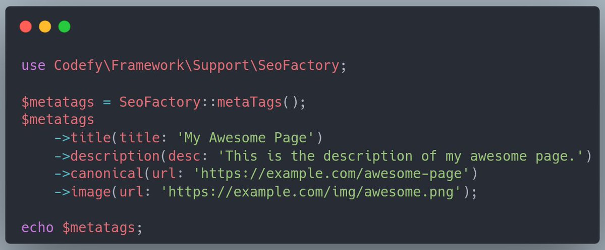 codefyphp's tweet image. Boost your on-page #SEO by standardizing meta tags across pages. With the SeoFactory class, it’s as simple as these few lines of code. #PHP #phpwebdeveloper