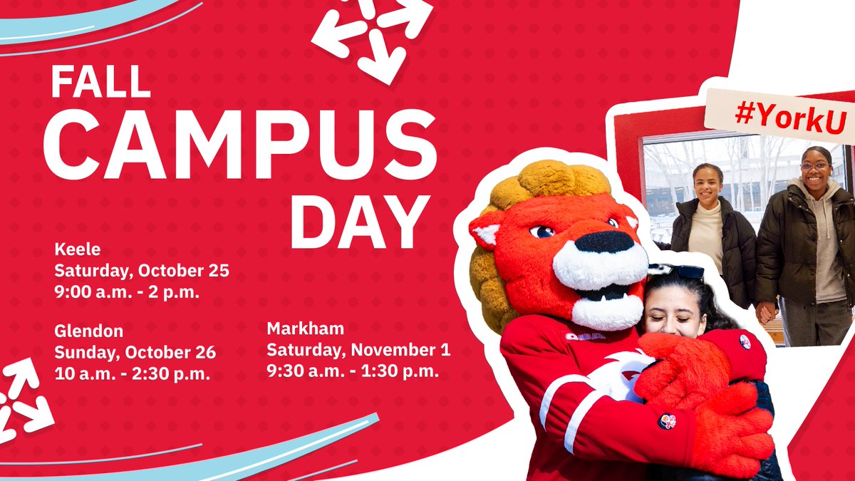 ScholarshipsCA's tweet image. York U = Your Next Home 🎓 Experience York's vibrant spaces and community! ❤️

KEELE CAMPUS - Oct 25
GLENDON CAMPUS - Oct 26
MARKHAM CAMPUS - Nov 1
futurestudents.yorku.ca/fall-campus-day to learn more and register for a chance to win FREE TUITION 👀
#unilife #studentlife #openhouse #YUCampusDay