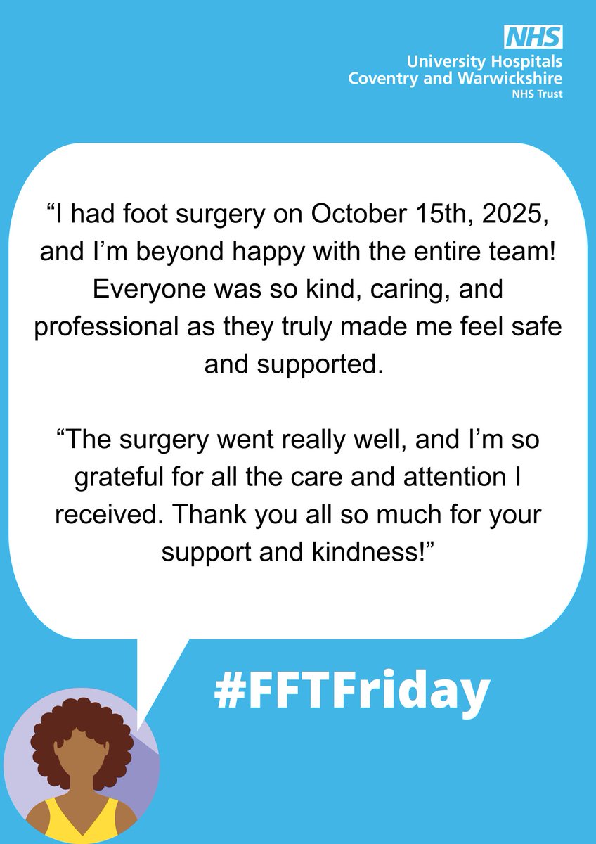 Next on the #FFTFriday agenda we visit Cedar Elective
<a href="/nhsuhcw/">UHCW NHS Trust</a>.

This patient felt truly supported by the kind and caring Team.

#WhatMattersToYouMattersToUs #FFTFriday