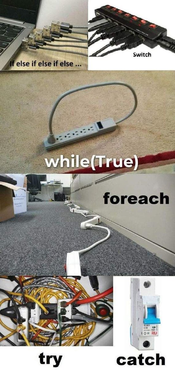 0xmuskan's tweet image. ⚡ Programming explained with power strips:
if-else → chaos
switch → organized
while(true) → infinite loop
foreach → repetition
try → risky mess
catch → system saved 😅