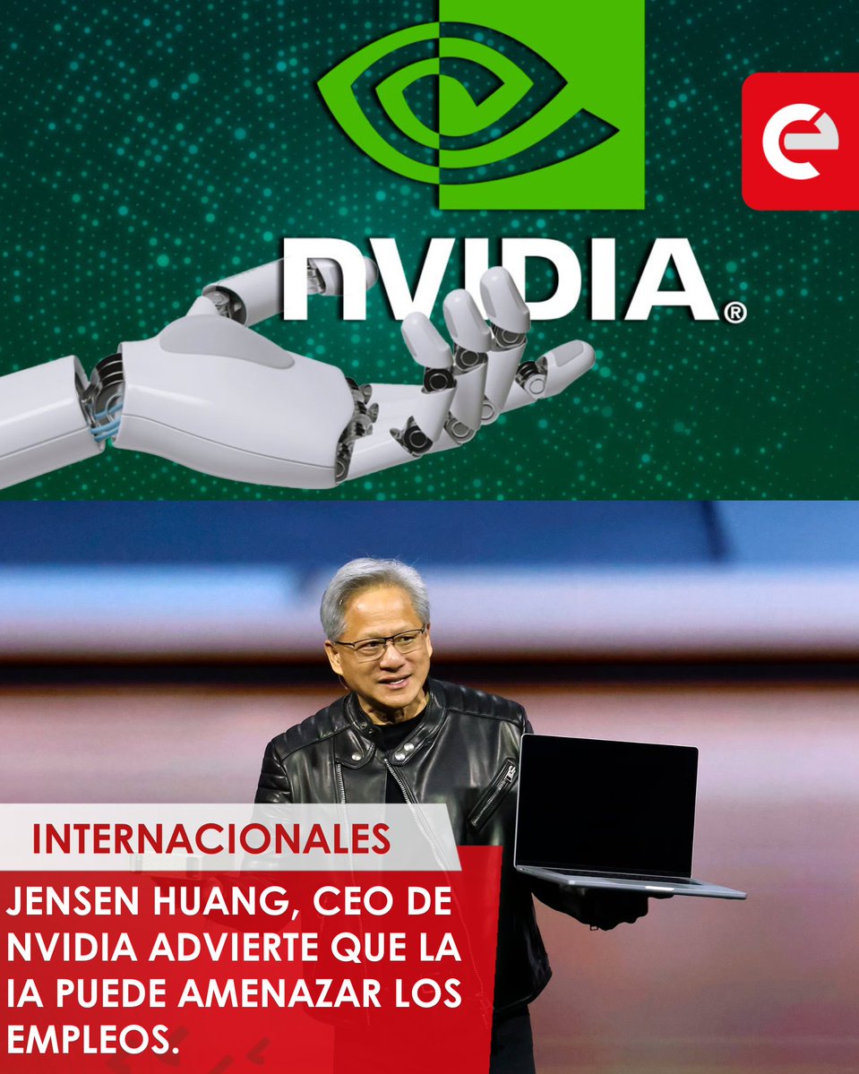 canal_e_py's tweet image. plantea que aunque la IA puede incrementar significativamente la productividad, la misma tecnología podría amenazar empleos si no se generan nuevas ideas o innovaciones en las industrias.
canal-e.com.py/jensen-huang-c…