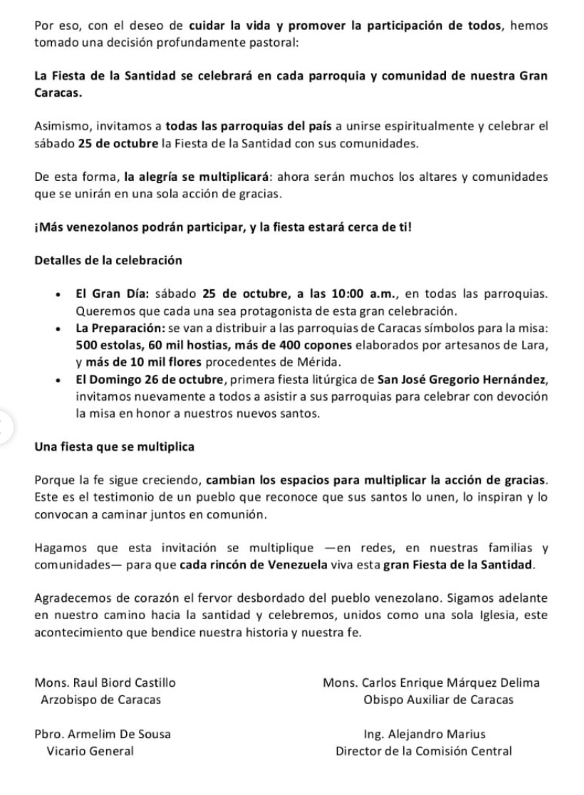 Se anuncia que la celebración ppor la canonización de dos santos venezolanos en el estadio Monumental de Caracas queda suspendida. La celebración ahora será en cada parroquia. La Arquidiócesis de Caracas argumenta que es por la capacidad física del recinto.