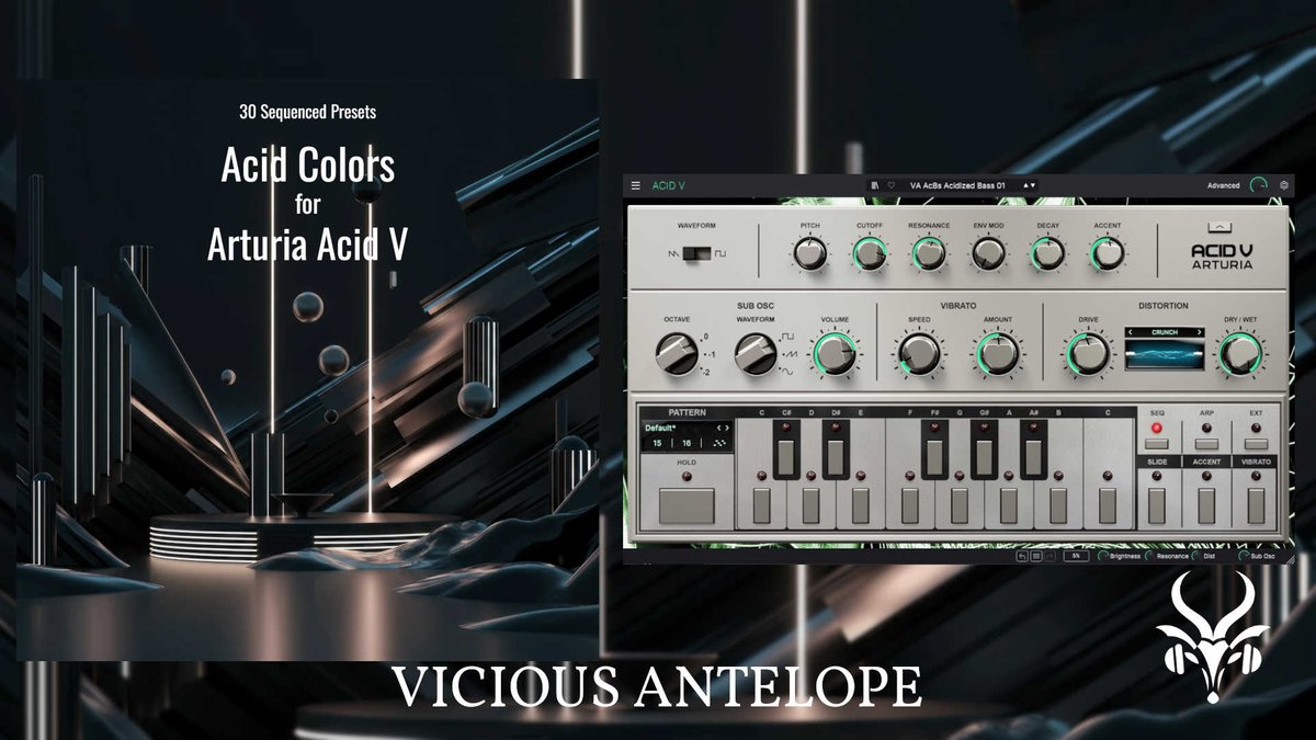 ViciousAntelope's tweet image. Inject some serious acid into your tracks! 🧪💚
The "Acid Colors" pack is here, delivering 30 unique sequenced presets for @arturia_official Acid V and Analog Lab V.
Get instant inspiration with a diverse range of sounds, from deep, dark techno basslines to bright, experimental…