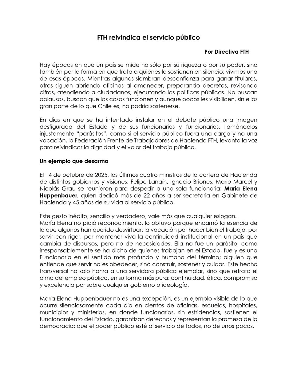 FTH_Chile's tweet image. 📍 *FTH reivindica el servicio público 🇨🇱*

En tiempos donde se intenta desacreditar el valor del Estado y de sus trabajadoras y trabajadores, la Federación Frente de Trabajadores de Hacienda levanta la voz para reivindicar la dignidad del servicio público.