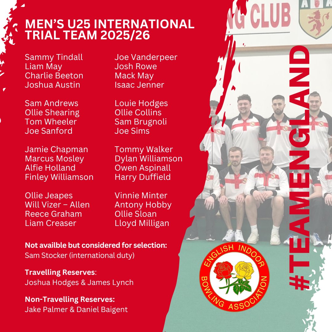 EIBABowls's tweet photo. We are delighted to announce the players selected for our 2025/26 international trials across our men’s, women’s and U25 squads. 🏴
Congratulations to everyone selected 👏
#EIBA #TeamEngland #IndoorBowls #ASportForAll #InternationalTrials https://t.co/mZK5SGWPUD