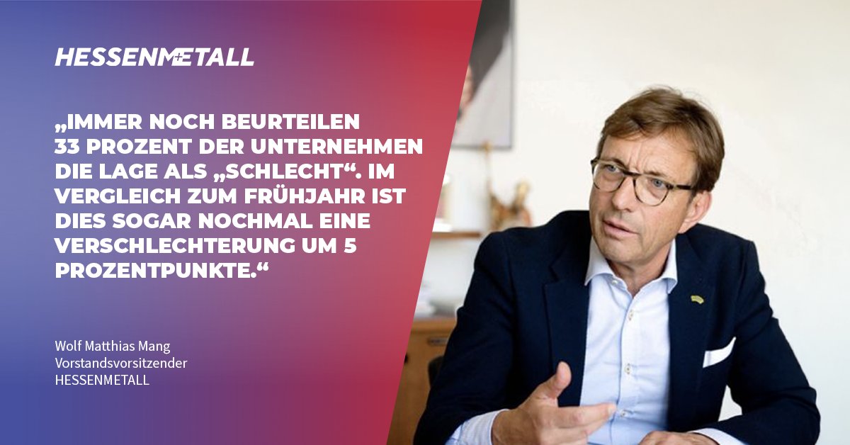 Ein Drittel der Unternehmen musste Personal abbauen, jedes vierte erwartet weiter sinkende Auftragsbestände.

Die #Herbstumfrage von #HESSENMETALL zeigt: Die M+E-Industrie steht weiter unter Druck – Reformen sind dringend nötig.

👉 Zur PM: l1nq.com/ETL5G