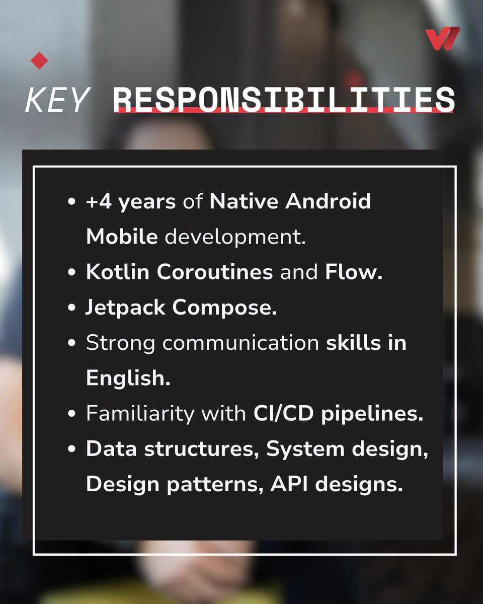 wizelineglobal's tweet image. Hiring a hybrid Android Engineer in Barcelona 🇪🇸
Join us to build AI-native tech. 🤖 Must have 4+ yrs experience, strong Kotlin & Jetpack Compose skills. GraphQL is a plus! 📱
Apply now 👉 bit.ly/4qgrd1H
#AndroidDeveloper #BarcelonaTech #JobOpening