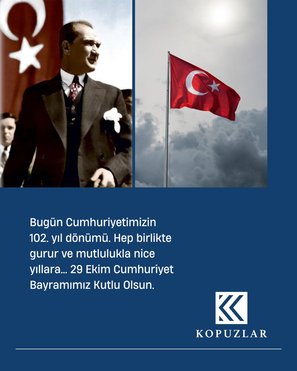 Bugün Cumhuriyetimizin 102. yıl dönümü. Hep birlikte gurur ve mutlulukla nice yıllara… 29 Ekim Cumhuriyet Bayramımız Kutlu Olsun.