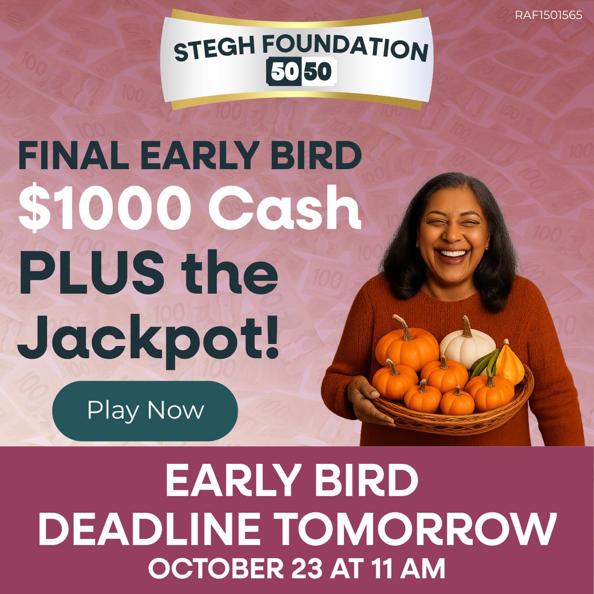 ⏰ Final $1,000 Early Bird Draw is TOMORROW!

🗓️ Deadline: Thursday, October 23 at 10:59 AM

Don't miss out on the final Early Bird draw AND be in for the Jackpot - Now over $20K!
👉 ow.ly/hP8m50XgfFl

#STEGHFoundation5050 #STEGHFoundation #STEGH