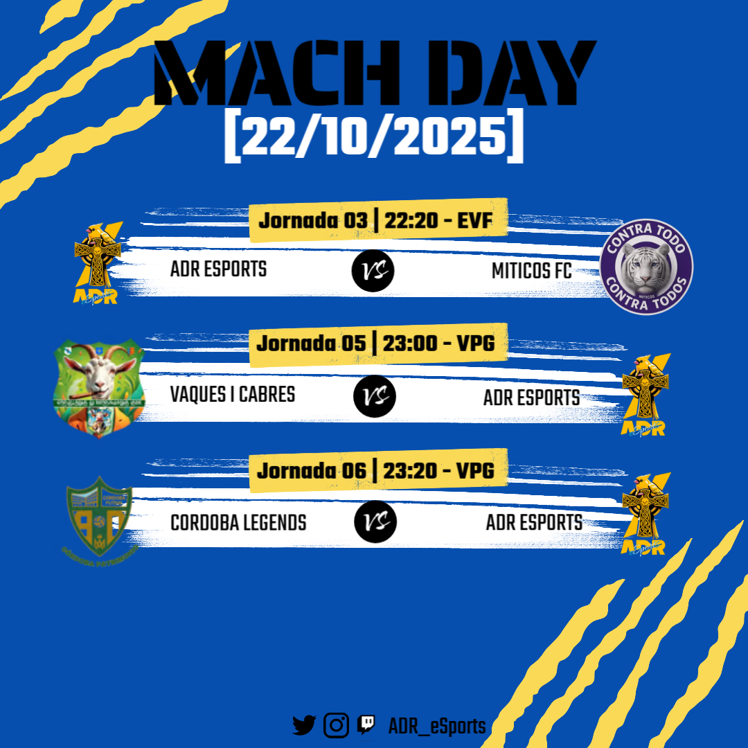 ADR__eSports's tweet image. ⚜️💛💙 ~ | COMPETICION | ~ ⚜️💛💙

🏆 2º EVF
⏳ 22:20 🆚 @CALITEFC_ 
🗓️ 3º JORNADA

🏆 3º  VPG
⏳ 23:00 🆚 @VaquesYCabres 
🗓️ 5º JORNADA

🏆 3º VPG
⏳ 23:20 🆚 @Cordoba_Gaming 
🗓️ 6º JORNADA