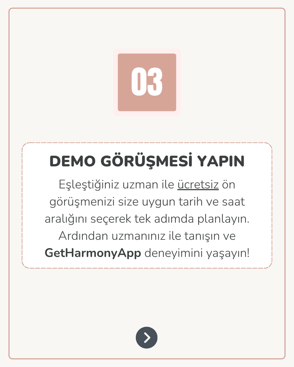 GetHarmonyApp's tweet photo. 3️⃣ DEMO GÖRÜŞMESİ YAPIN
Eşleştiğiniz uzman ile ücretsiz ön görüşmenizi size uygun tarih ve saat aralığını seçerek tek adımda planlayın. Ardından uzmanınız ile tanışın ve GetHarmonyApp deneyimini yaşayın!

#GetHarmonyApp #PsikolojikDanışmanlık #SağlıklıBeslenme #SpiritüelRehberlik #Mentorluk #BilgiBankası #NasılKullanılır #DemoGörüşmesi