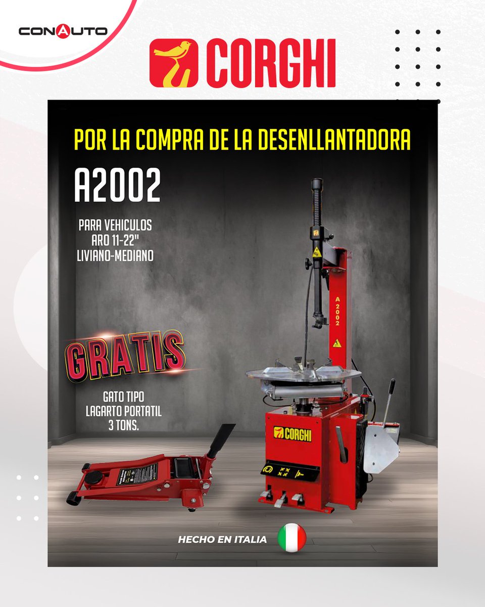 ConautoEC's tweet image. 🚗✨ ¡Potencia tu taller con Conauto!
Compra tu desenllantadora Corghi A2002 y recibe GRATIS un gato tipo lagarto de 3 toneladas. 🎁💪
Calidad y respaldo que hacen la diferencia.
👉 Contáctanos y aprovecha esta promo limitada.

#Conauto #Corghi #Promoción
