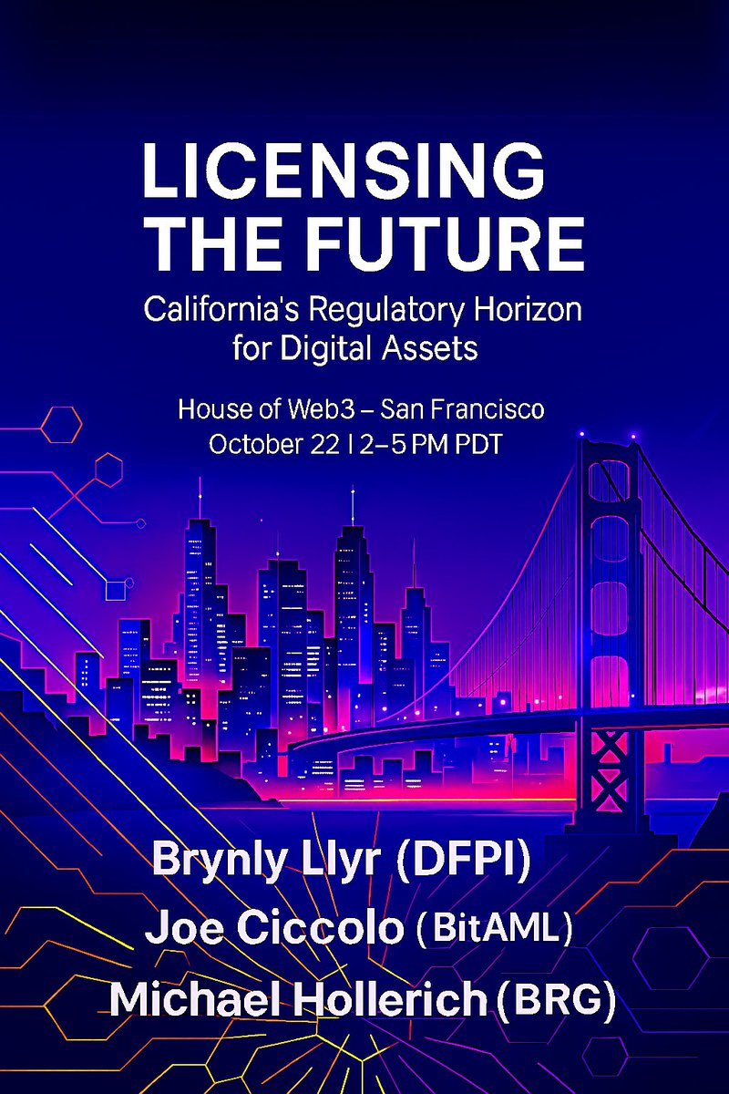 Today’s the day 🔥
Joining DFPI’s Brynly Llyr + BRG at HouseofWeb3 to unpack California’s new Digital Financial Assets Law. Licensing, oversight, and real talk about what it means for crypto in 2026. tinyurl.com/54mx8x7j
#CryptoCompliance #DFPI #BitAML #CaliforniaCrypto