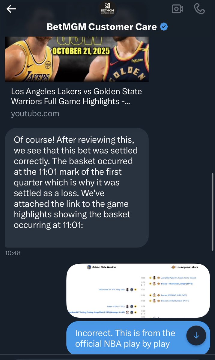 OddsAndEdges's tweet photo. @BetMGMCare Is this how you plan on assisting me further? Disputing NBAs official timestamps? Doesn’t that also go against your rules? https://t.co/w2ZcxFtT4p