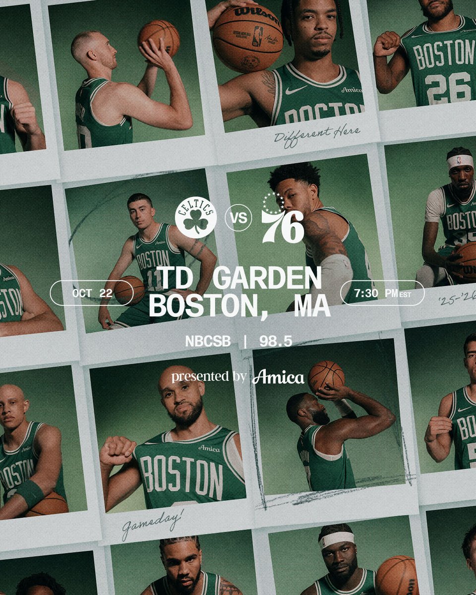 OPENING NIGHT ☘️ Celtics vs. @sixers

⏰ 7:30 PM
📍 @tdgarden
📺 @NBCSBoston 
🎙️ @985TheSportsHub 

#DifferentHere 