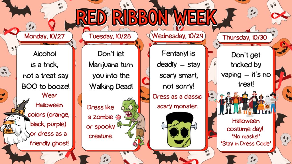 LulingISD's tweet image. Next week is Red Ribbon Week in Luling ISD! 

Our campuses are ready to show their support for living drug-free with fun and meaningful dress-up days. JH and HS students will follow their themed days, while Shanklin  has its own age-appropriate version to join in the spirit.
