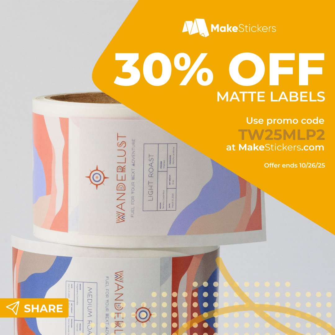 🍂 October Special 🍂

💥 30% OFF MATTE LABELS 💥

Matte labels bring an elegant, non-glare look to your packaging—and they’re 30% off this week only.

👉 Use the promo code to redeem: mkstk.co/102225twdeal

Deal expires 10/26/25 at 11:59PM CT