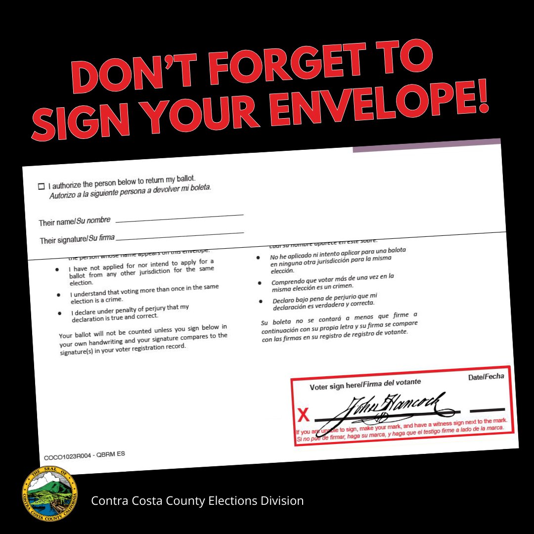 When sending a Vote by Mail (VBM) envelope, be sure to sign and date the envelope in order to avoid delays in processing. Forgetting to sign the envelope will require us to contact you to confirm that you cast the ballot. 
#CoCoVote #TrustedInfo #Vote #VoteEarly