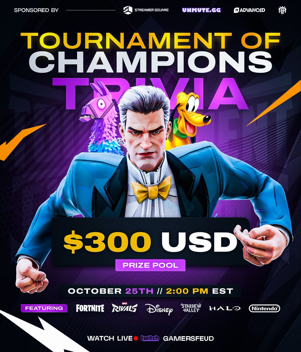 The Tournament of Champions finishes this weekend! 🏆 🧠 

In a battle of wits we will crown the worlds smartest content creator.

💠 6 Rounds of Trivia
💠 Fortnite, Marvel Rivals, Disney, Stardew, Halo, and Nintendo
💠 1 Crown on the Line

See you Saturday
