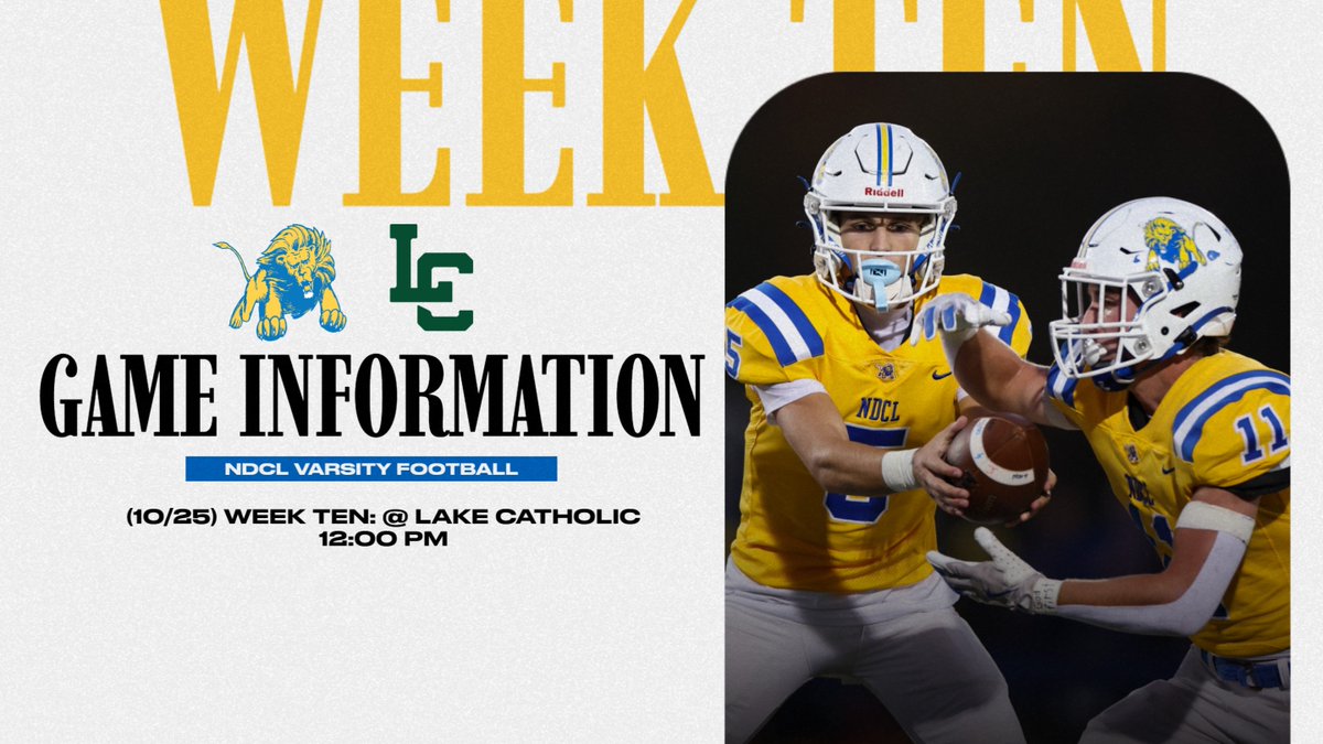 It's week 10, rivalry week! NDCL travels to Mentor JTO Stadium on Saturday to face Lake Catholic. Kickoff is set for 12:00 PM.  For game details and ticket information, visit our athletics website at ndclathletics.org. See you in the stands, Lion Country!

#WeAreNDCL