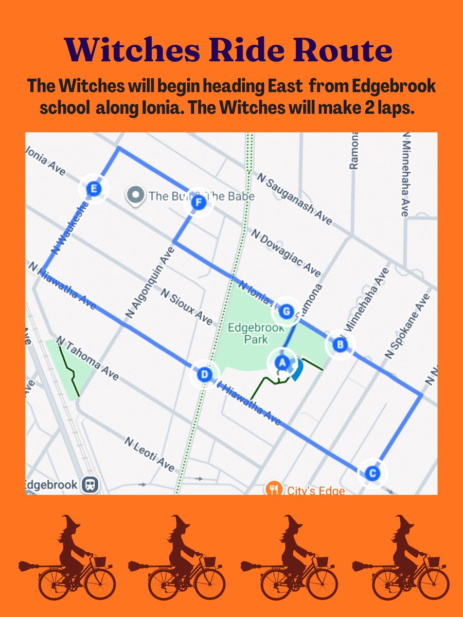 EdgebrookAssoc's tweet image. The Witches are taking flight this Saturday! Get ready to line the streets and collect treats at 5:30pm! Here is the official Witches Ride Route! The Witches will begin their journey East from Edgebrook School along Ionia Ave and will be making TWO LAPS of the full route!