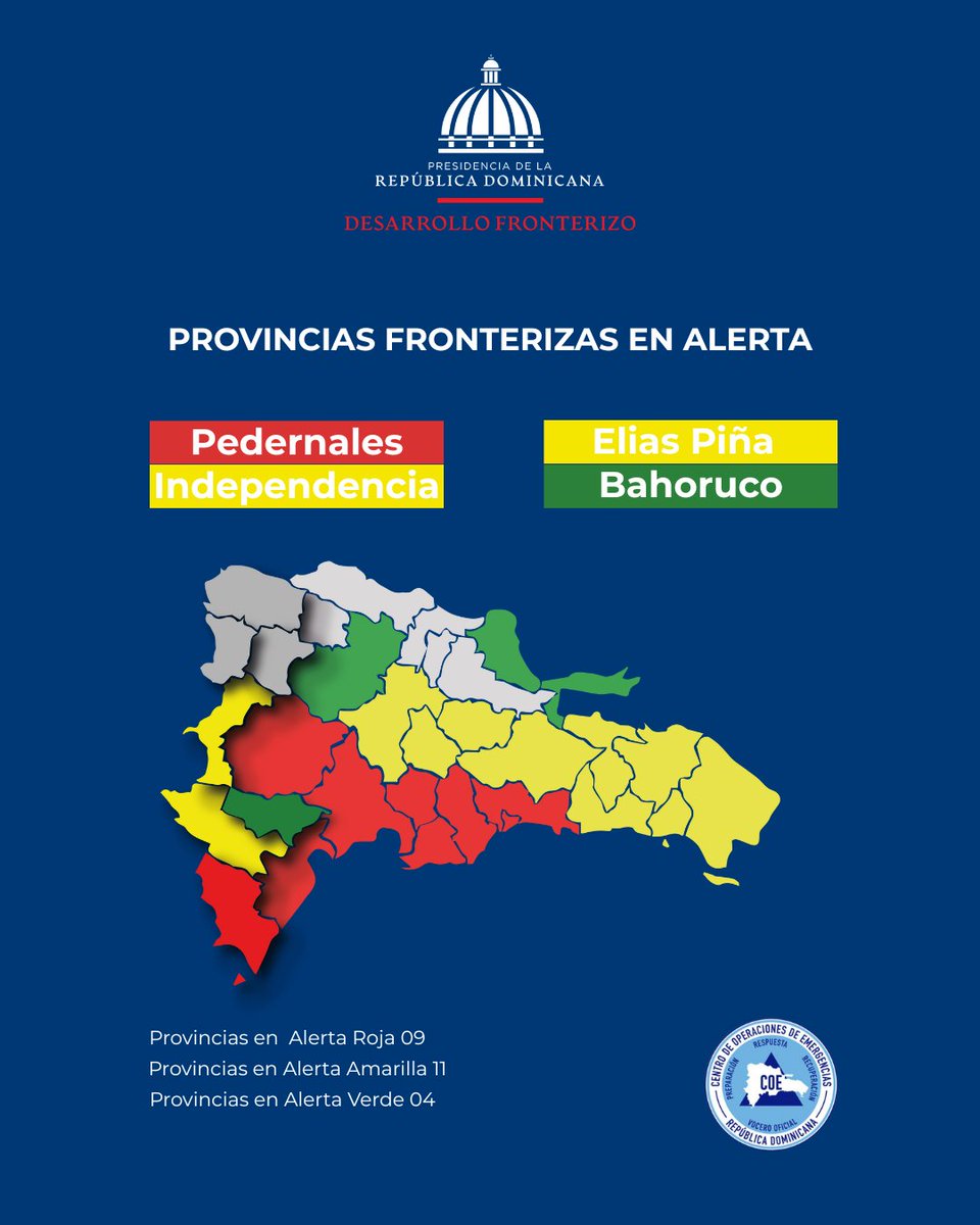 DGDFRD__'s tweet photo. 🌪️ El COE mantiene en alerta a varias provincias por la tormenta tropical Melissa.
En la frontera:
🔴 Pedernales
🟡 Independencia y Elías Piña
🟢 Bahoruco
La DGDF exhorta a la población a seguir las orientaciones del COE y mantener la precaución. ⚠️
#DGDF #COE #TormentaMelissa https://t.co/OEYsYs24ES