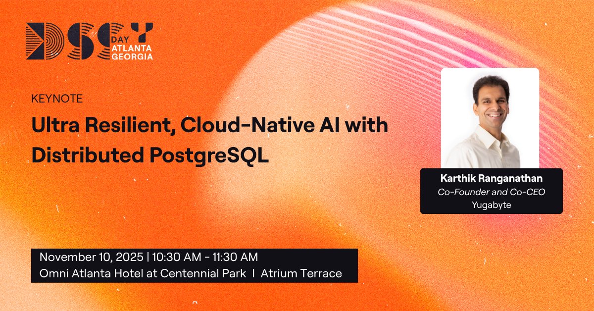 Yugabyte's tweet image. Traditional databases weren't built for cloud-native AI workloads.🤔
This year’s Distributed SQL Summit keynote, presented by @Yugabyte co-founder @karthikr, will explore how distributed #PostgreSQL enables #Kubernetes-first organizations to build ultra-resilient AI applications…